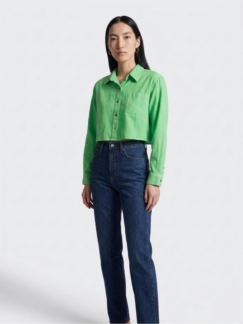 Universal Thread Bright Green Cropped Button-Front Shirt